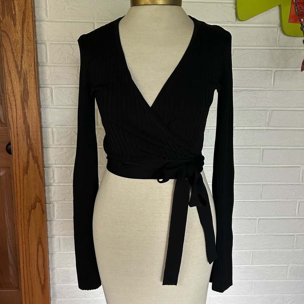 BCBGMaxAzria Black Long Sleeve Wrap Blouse